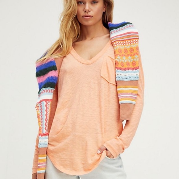 Free People Betty Long Sleeve Tops Women’s Orange Scoop Neck Pullover Size Small - Picture 2 of 12